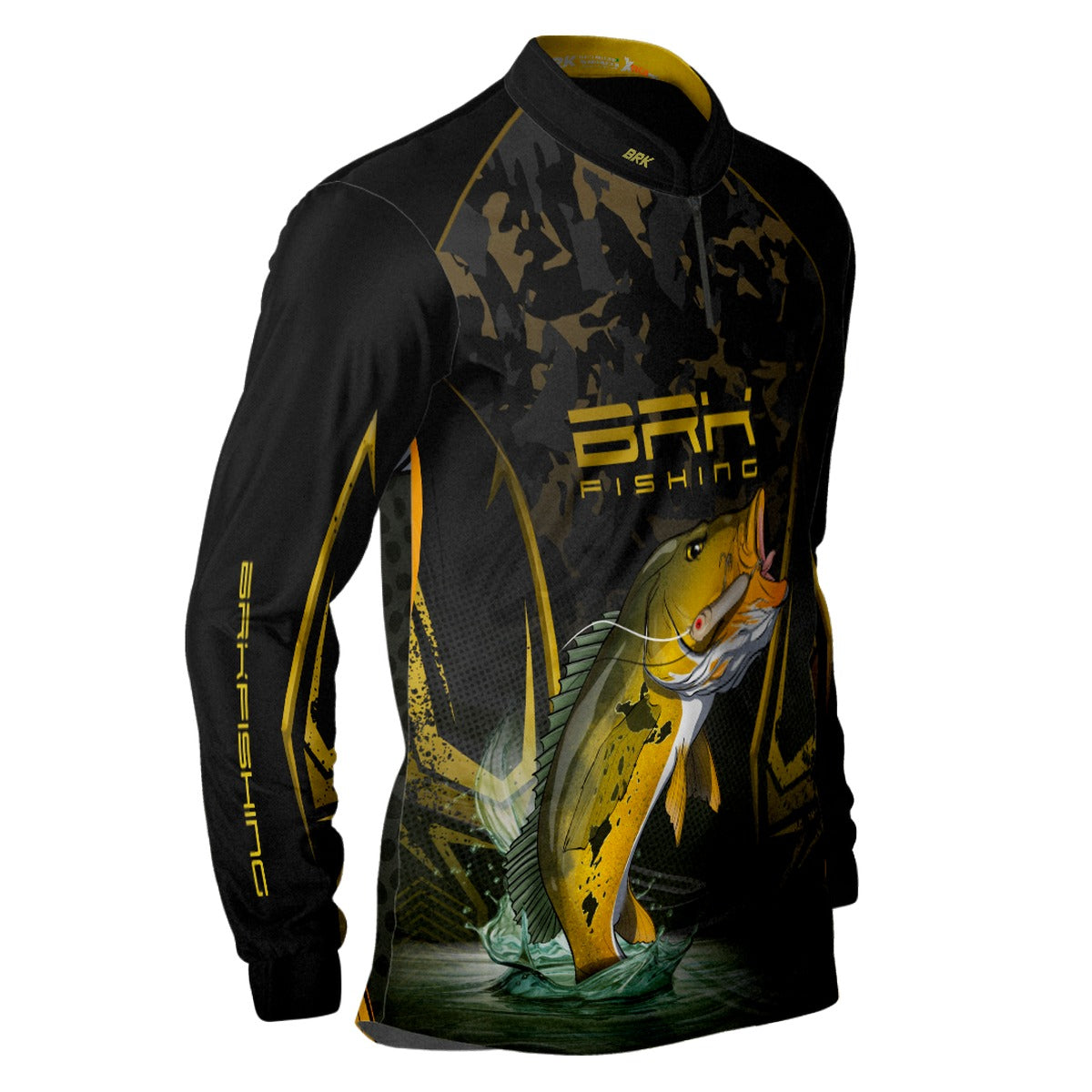 Camisa de Pesca Brk Preta Camo Tucunaré Amarelo com Proteção UV50+