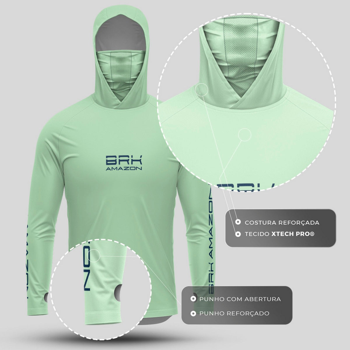 Camisa FusionX Brk Tucunaré Clean Verde Claro com Capuz e Proteção UV50+