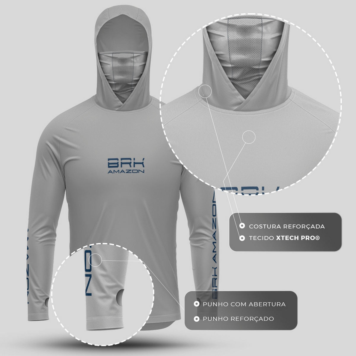 Camisa FusionX Brk Tucunaré Clean Cinza com Capuz e Proteção UV50+