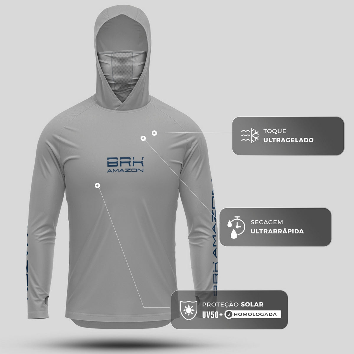 Camisa FusionX Brk Tucunaré Clean Cinza com Capuz e Proteção UV50+