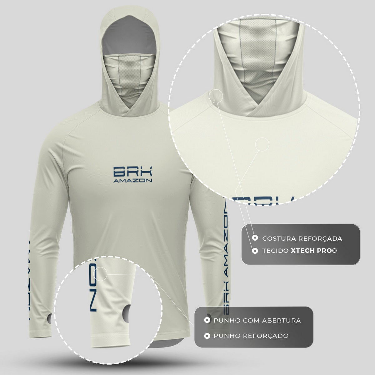 Camisa FusionX Brk Tucunaré Clean Bege com Capuz e Proteção UV50+