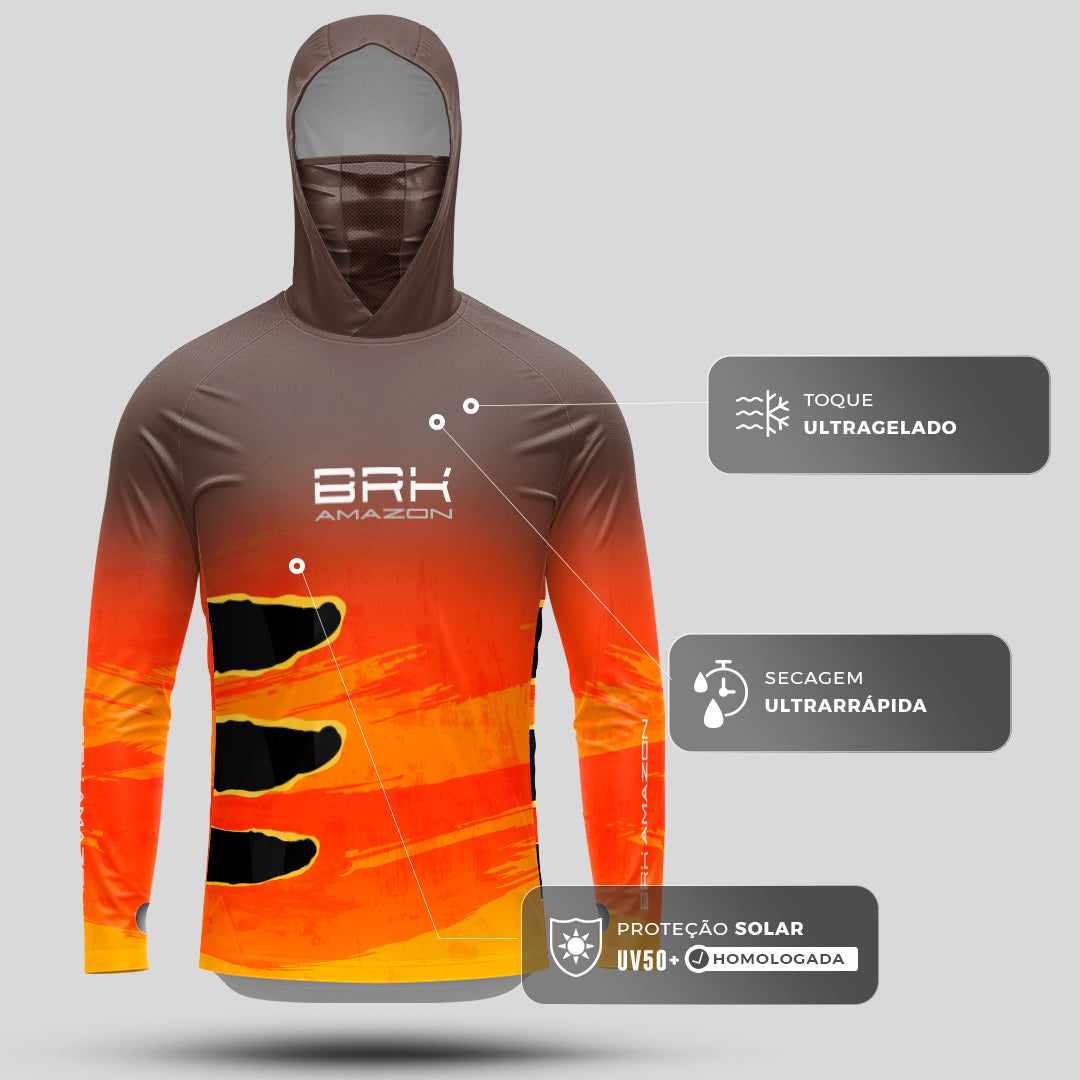 Camisa FusionX Brk Tucunaré Açu Laranja com Capuz e Proteção UV50+