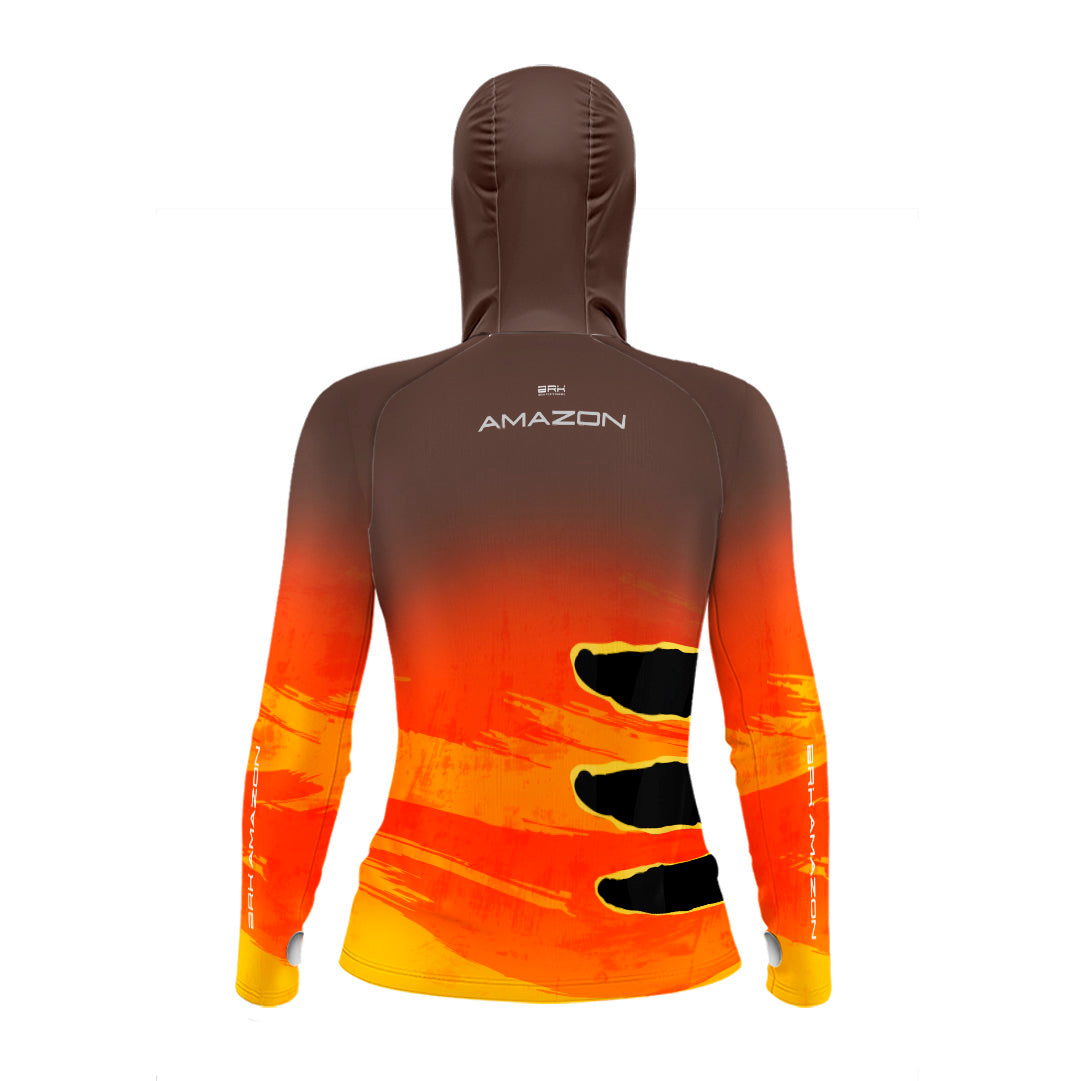 Camisa FusionX Brk Feminina Tucunaré Açu Laranja com Capuz e Proteção UV50+