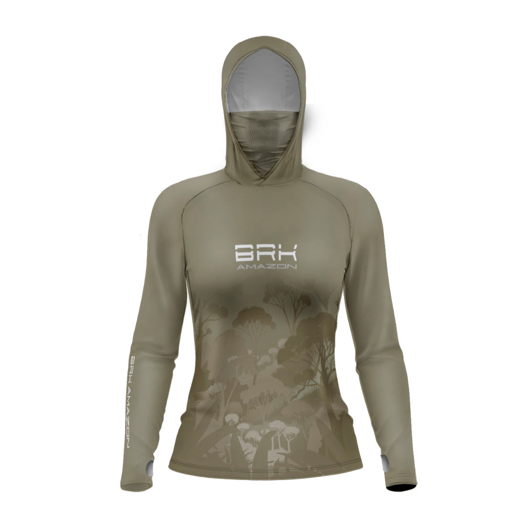 Camisa FusionX Brk Feminina Amazon Florest Marrom com Capuz e Proteção UV50+