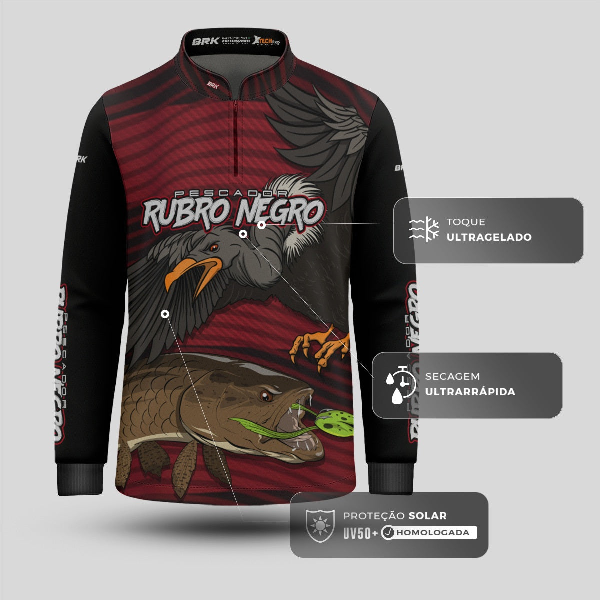 Camisa de Pesca Infantil Brk Pescador Rubro Negro Traíra com UV50+