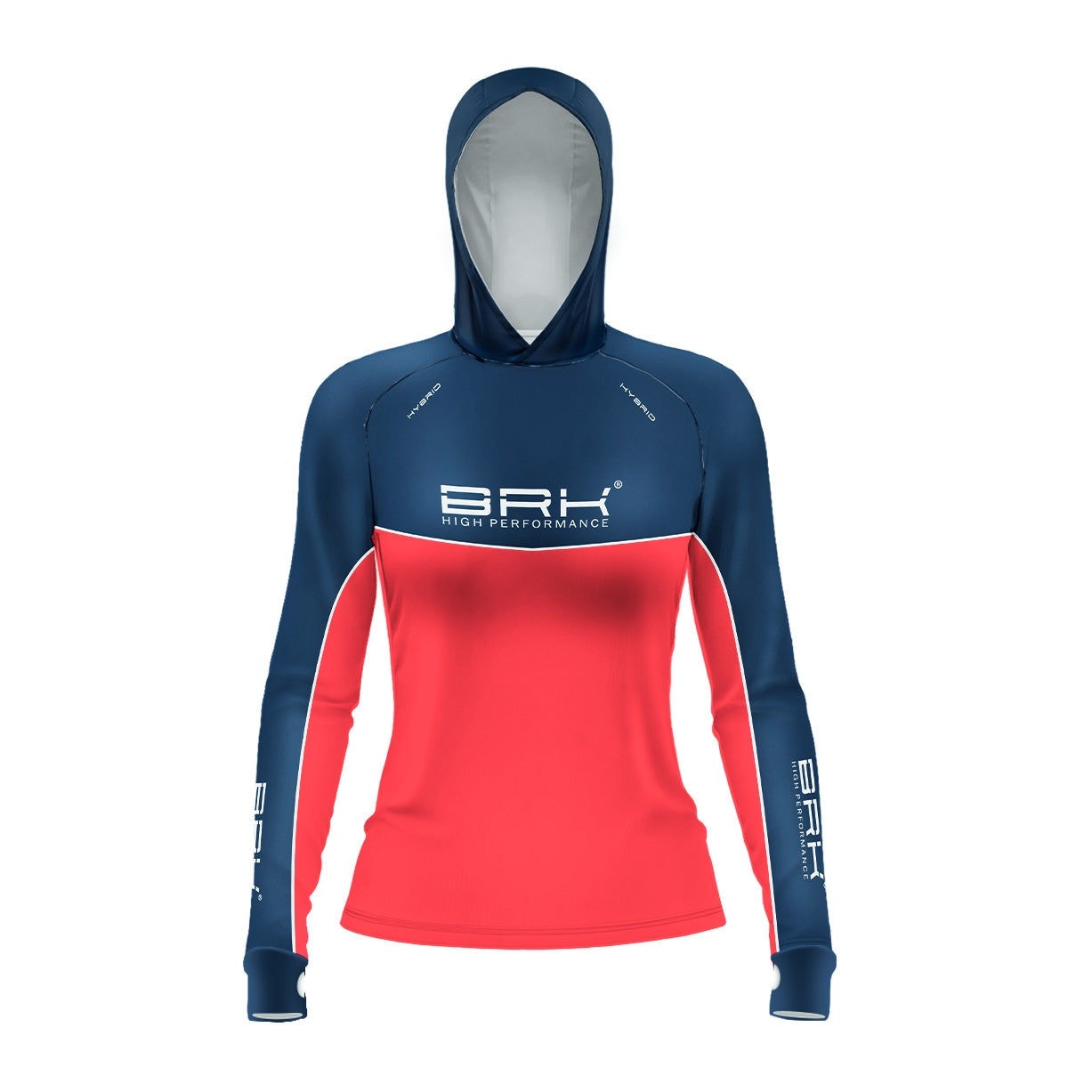 Camisa de Pesca Feminina Brk com Capuz Hybrid Red Blue Fishin com Proteção Solar UV50+