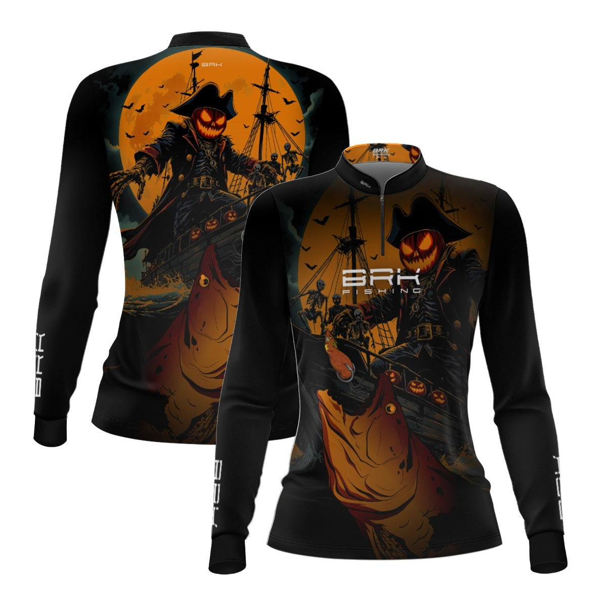 Camisa de Pesca Feminina Brk Azul Halloween Barco Pirata com Proteção UV50