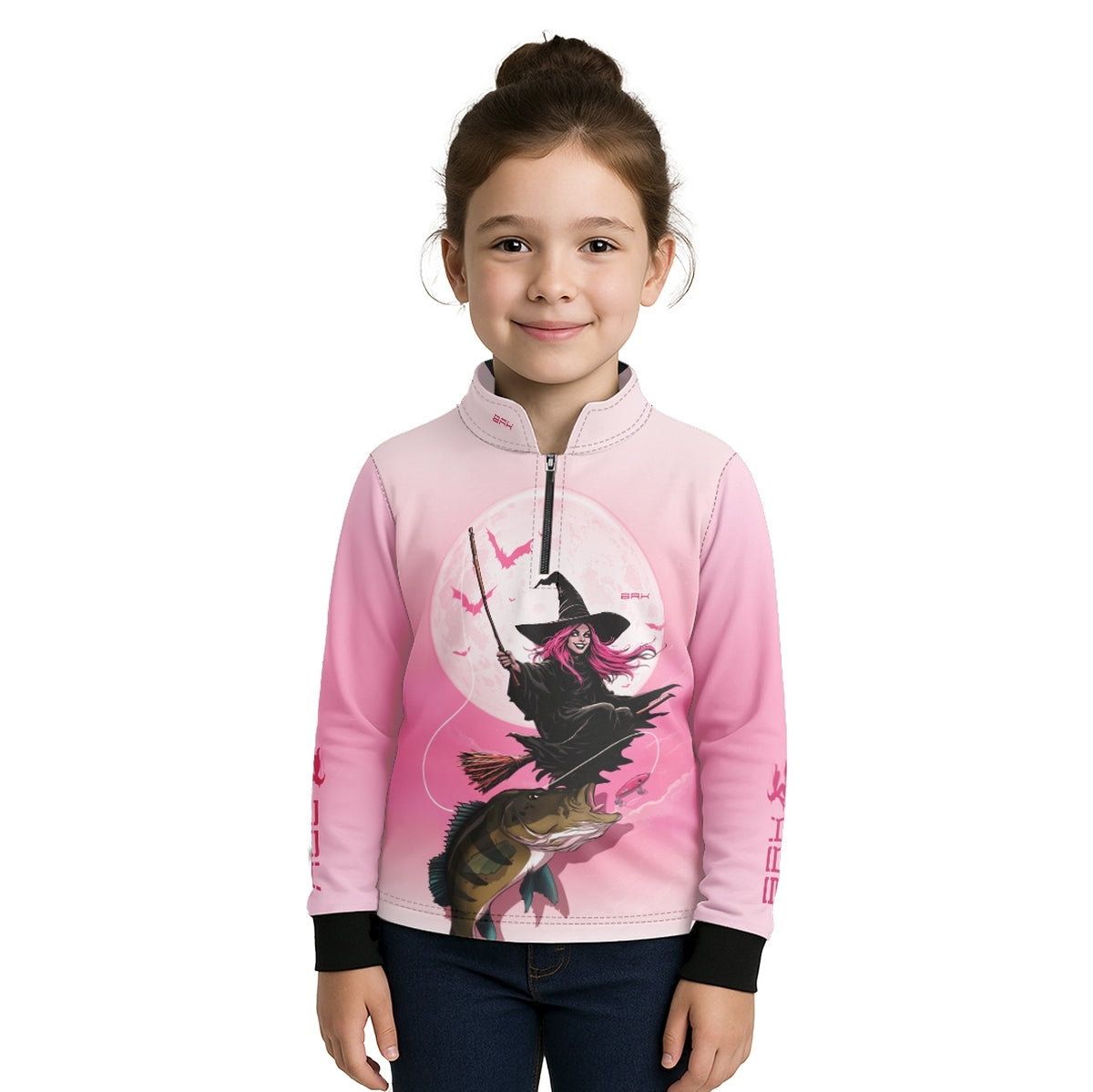 Camisa de Pesca Infantil Brk Branca e Rosa Bruxa com Proteção UV50