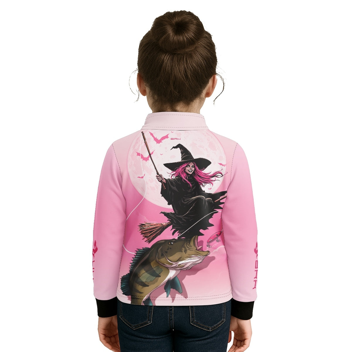 Camisa de Pesca Infantil Brk Branca e Rosa Bruxa com Proteção UV50