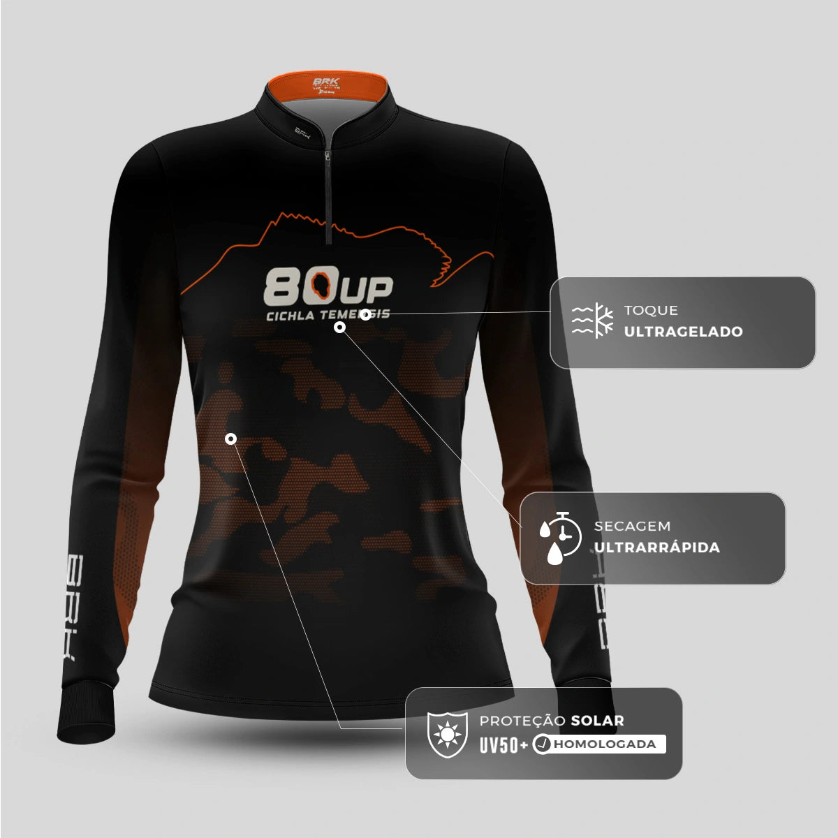 Camisa de Pesca Feminina Brk 80UP Camuflada Laranja com Proteção UV50