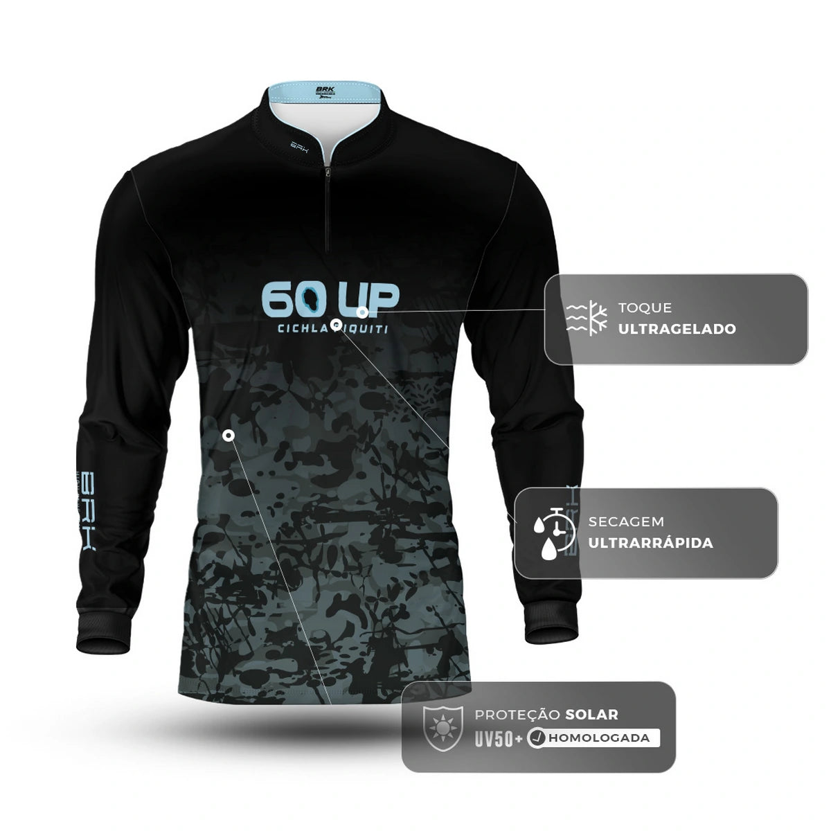 Camisa de Pesca Brk 60UP Camuflada Azul e Preta com Proteção UV50