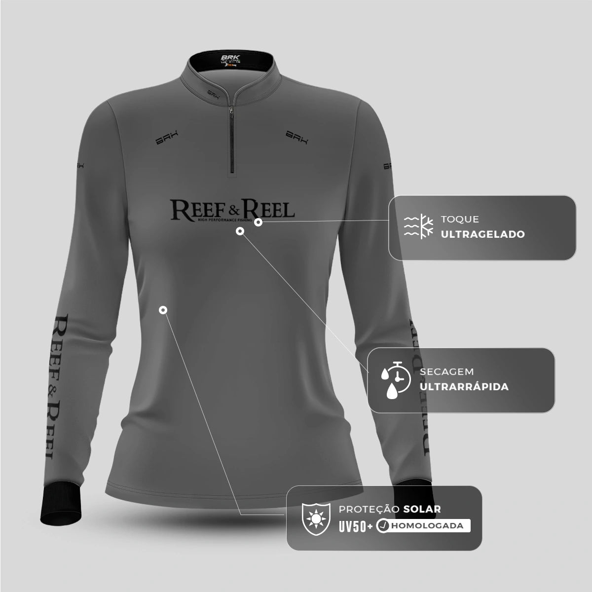 Camisa de Pesca Feminina Brk Reef & Reel High Perfomance Cinza com Proteção UV50