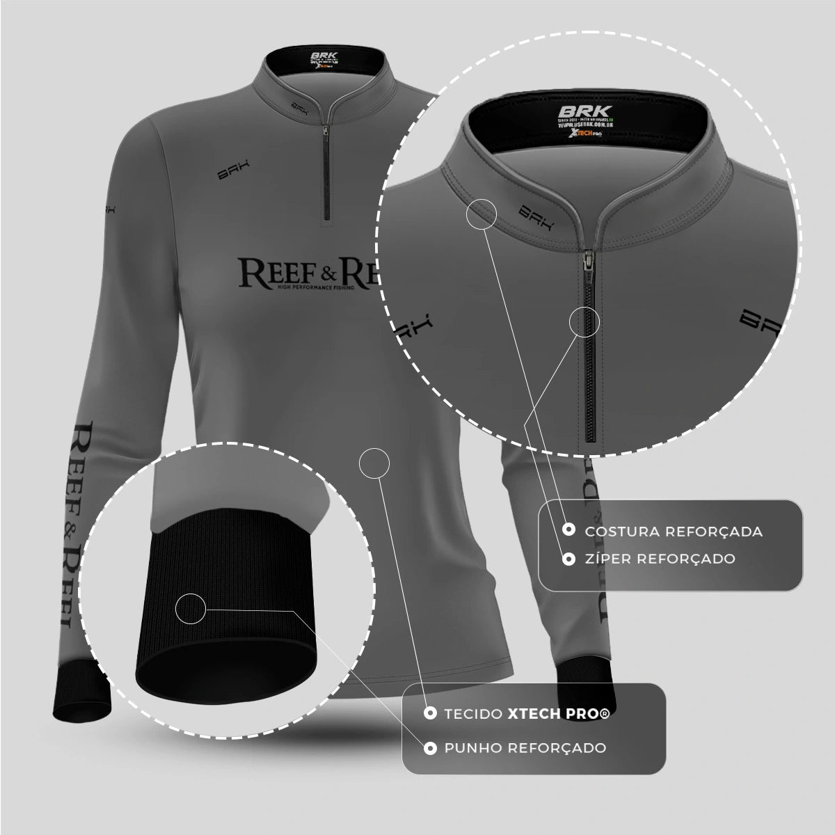 Camisa de Pesca Feminina Brk Reef & Reel High Perfomance Cinza com Proteção UV50