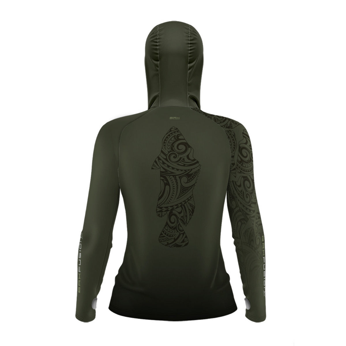 Camisa FusionX Feminina Maori Verde Musgo Tucunaré Tribal BRK com Proteção Solar UV50+