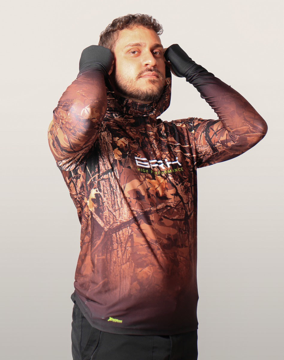 Camisa FusionX Brk Hunter Camuflada Galhos Marrom com Capuz e Proteção UV50+