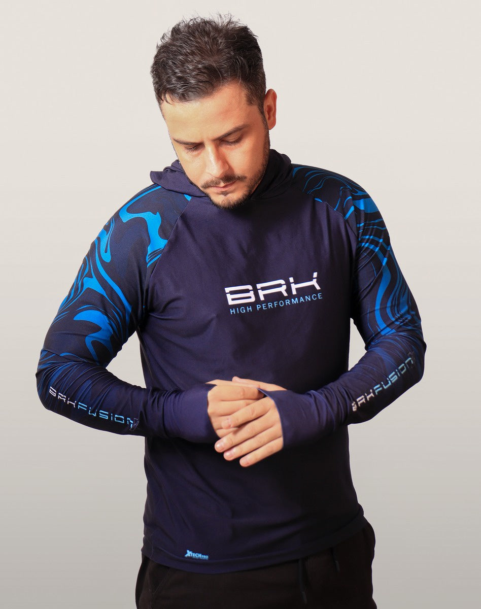 Camisa FusionX Brk Camo Distorções Azul com Capuz e Proteção UV50+