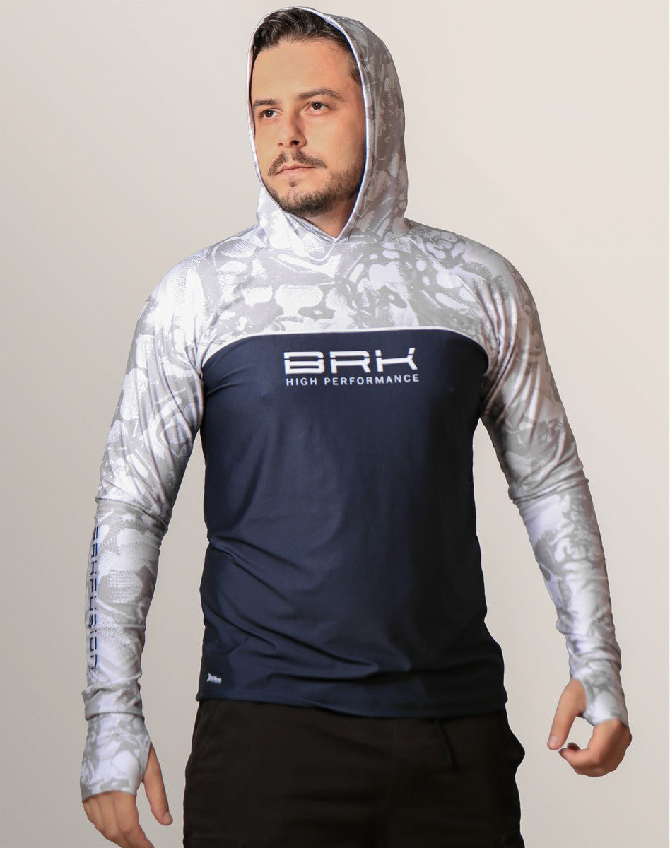 Camisa FusionX Brk Deep Camuflada Branco Azul com Capuz e Proteção UV50+