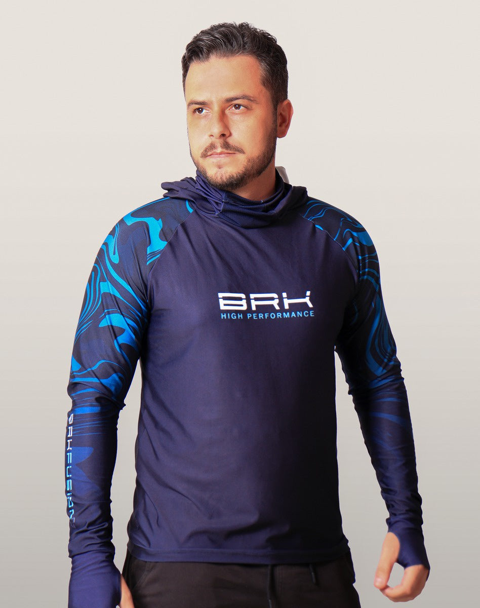 Camisa FusionX Brk Camo Distorções Azul com Capuz e Proteção UV50+