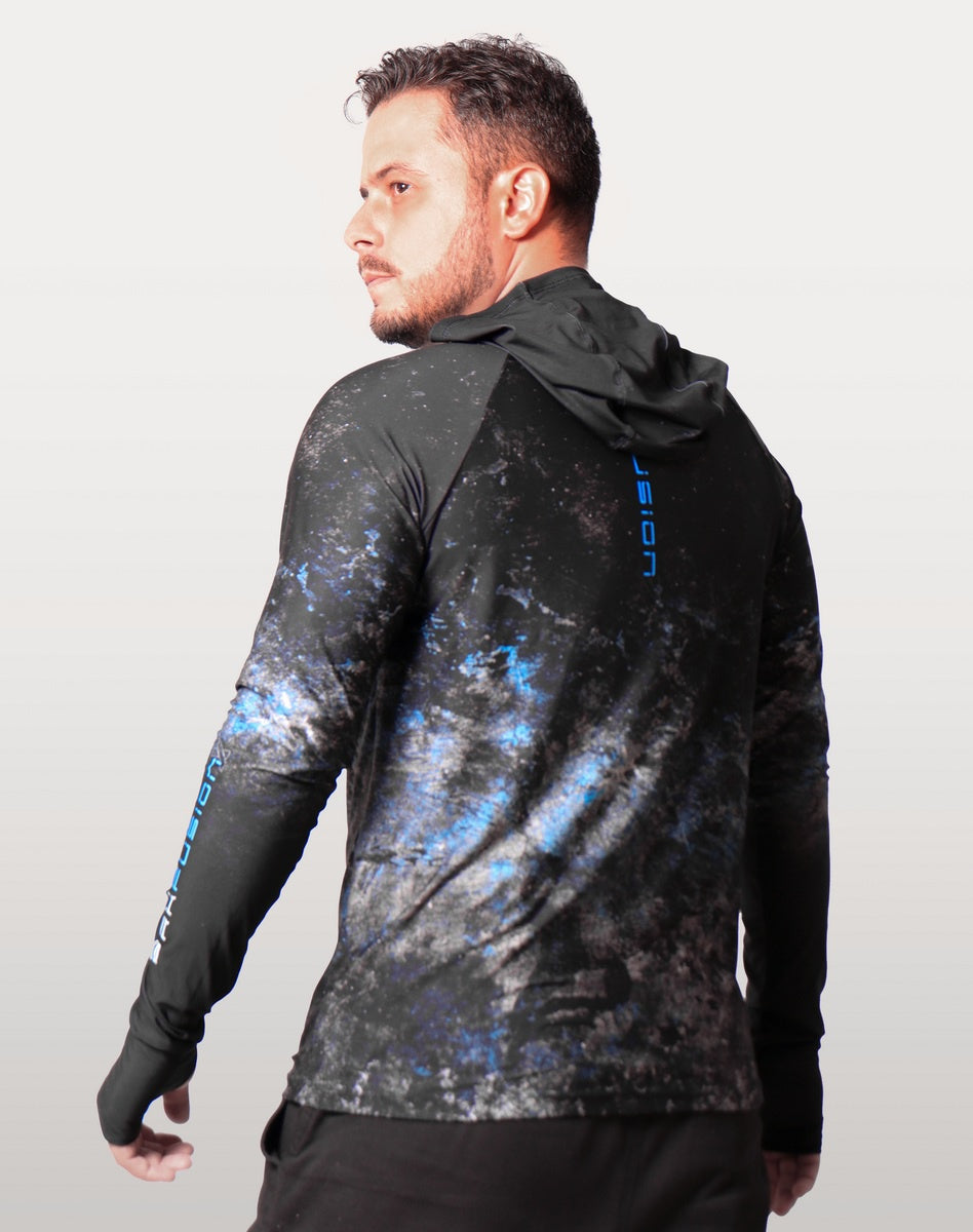 Camisa FusionX Brk Galaxy Preta e Azul com Capuz e Proteção UV50+