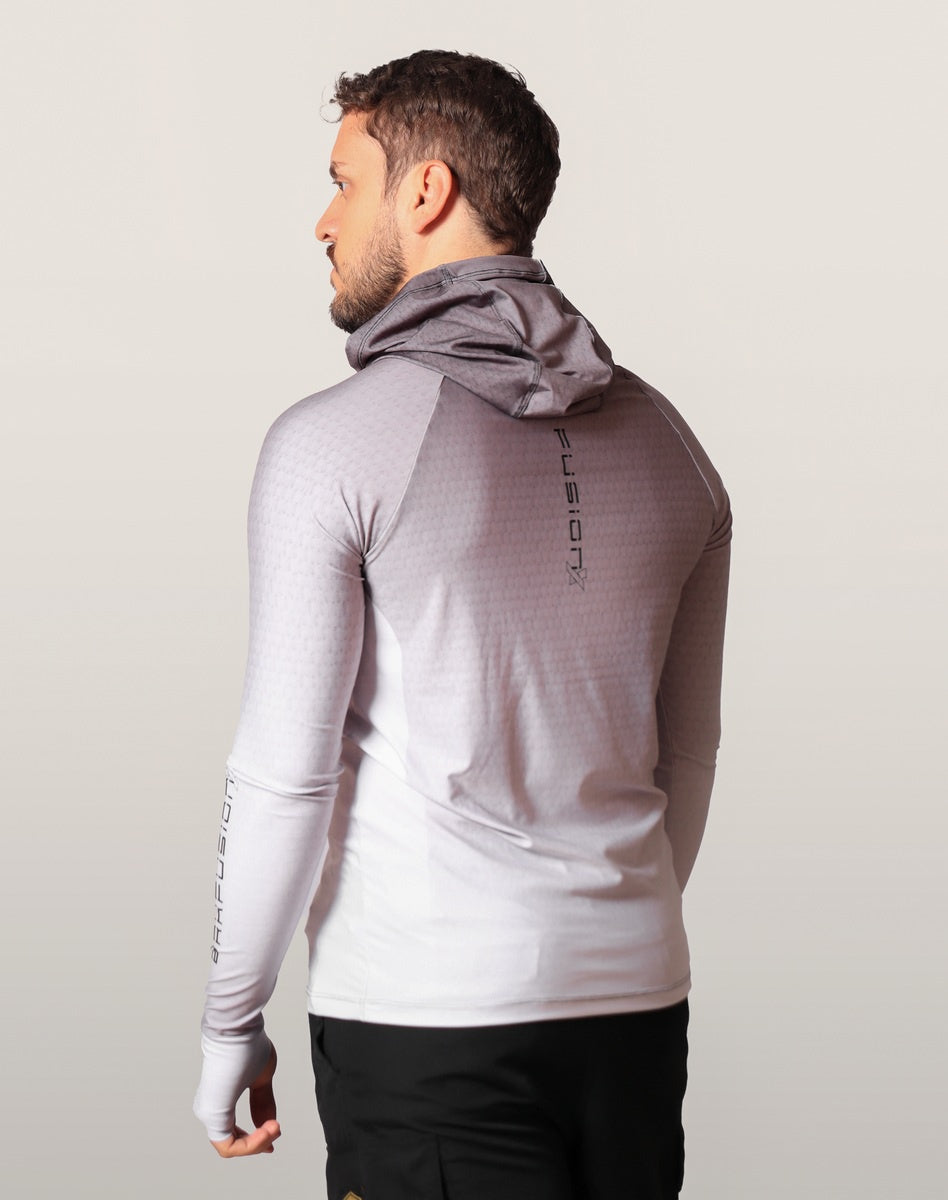 Camisa FusionX Brk Clean Branca e Cinza com Capuz e Proteção UV50+