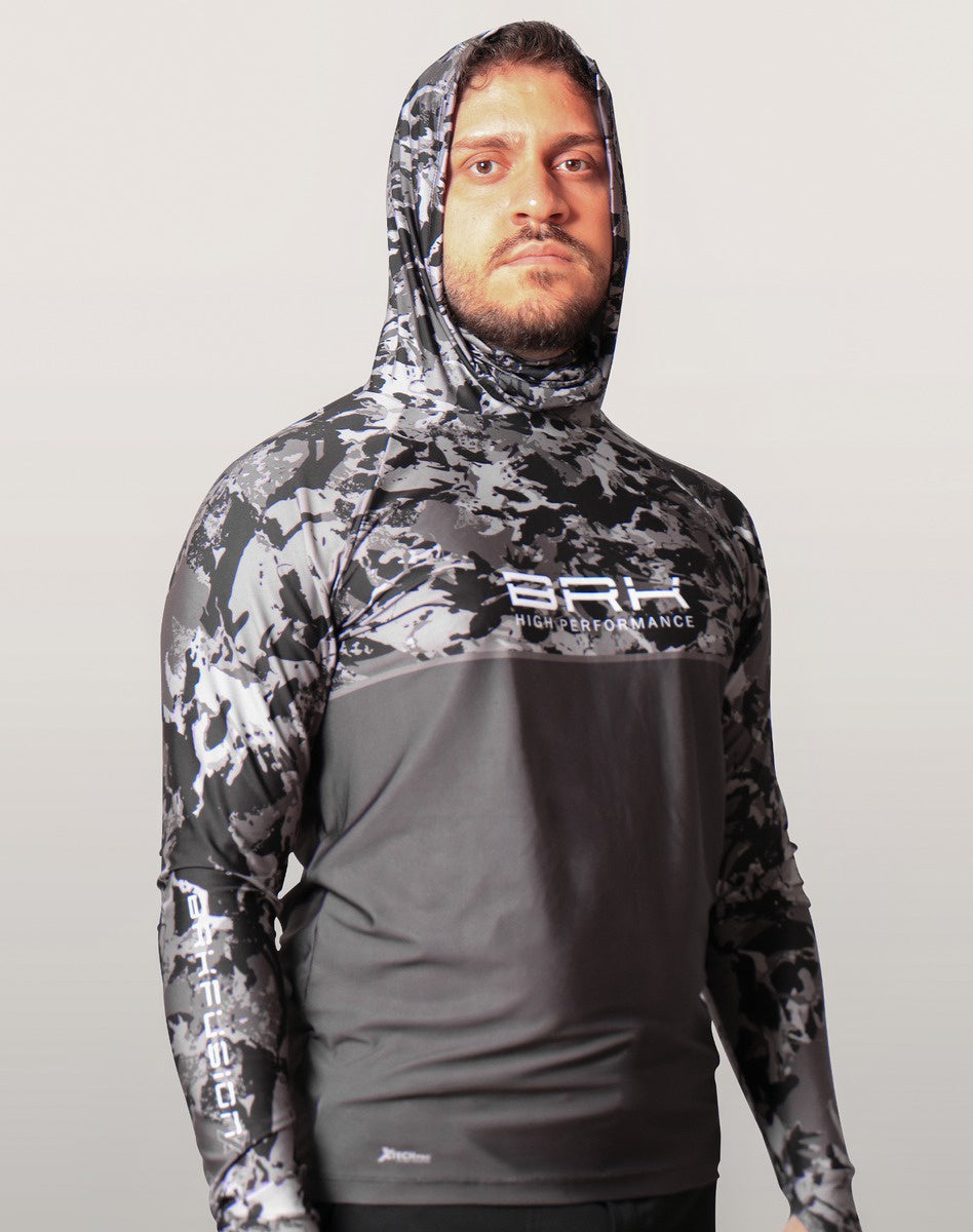 Camisa FusionX Brk Marine Camu Chumbo com Capuz e Proteção UV50+