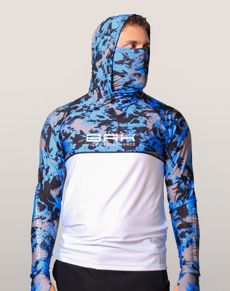 Camisa FusionX Brk Marine Camuflada Azul Branco com Capuz e Proteção UV50+