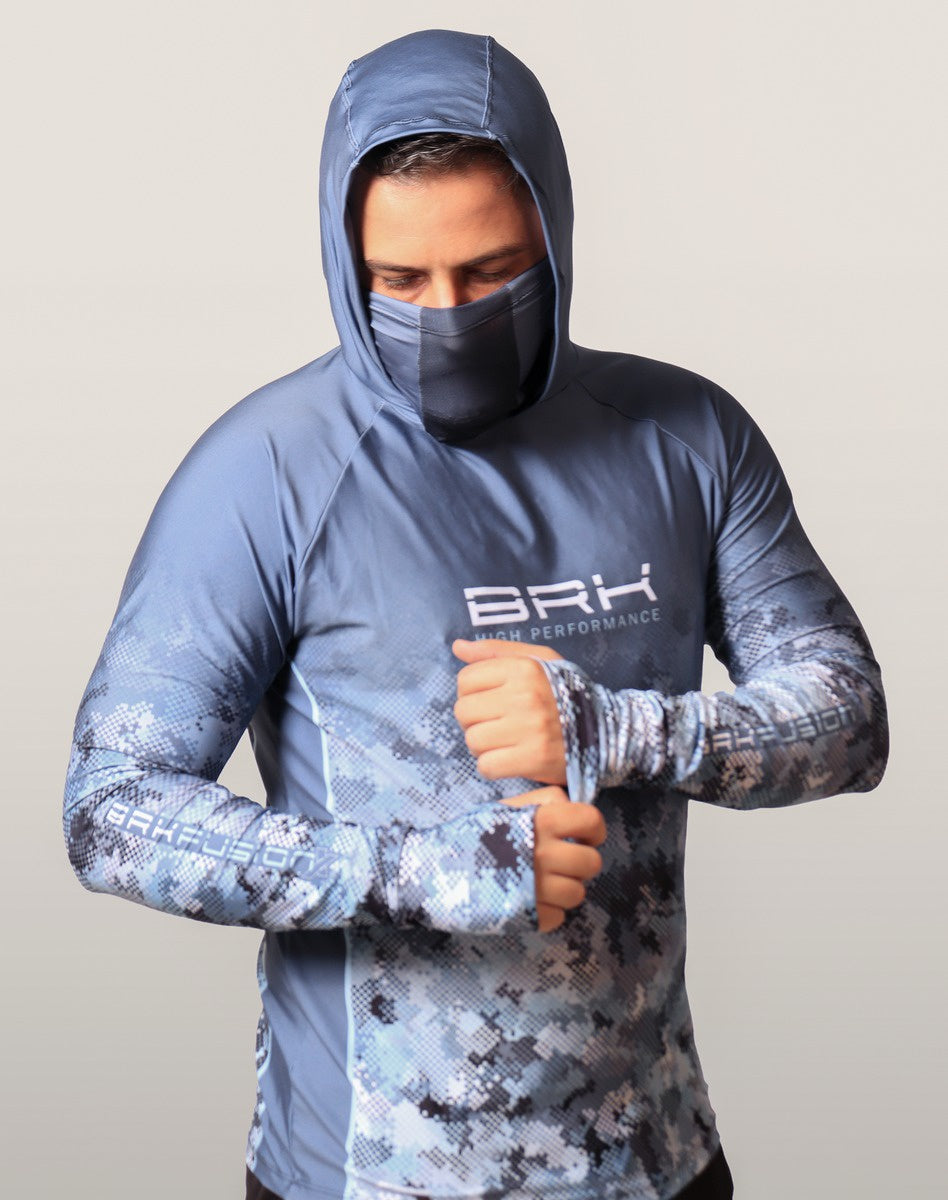Camisa FusionX Brk Deep Camuflada Azul com Capuz e Proteção UV50+