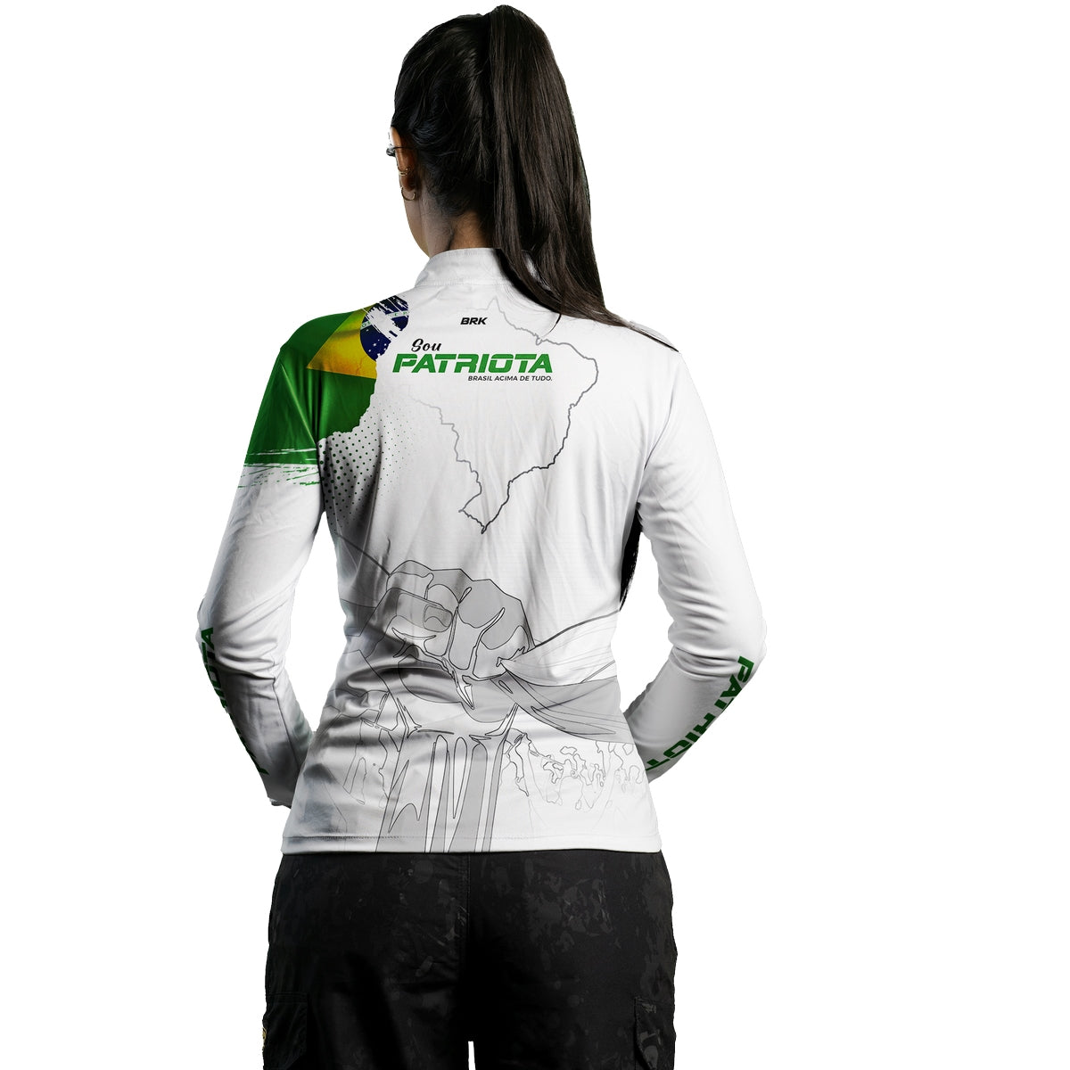 Camisa Agro Feminina Brk Básica Patriota Bandeira do Brasil Branca com Proteção UV50+