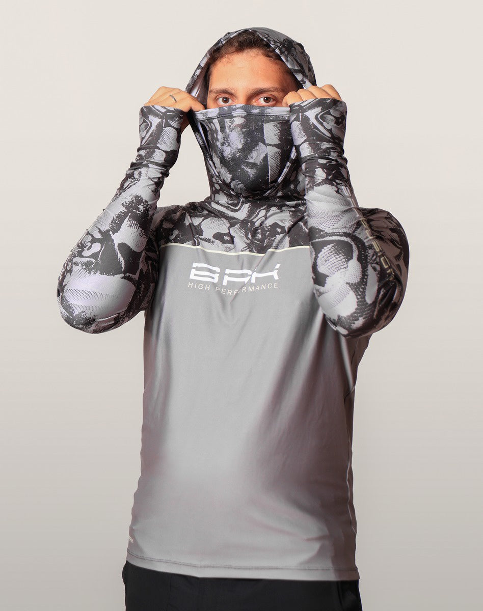 Camisa FusionX Brk Deep Cinza Camuflado com Capuz e Proteção UV50+