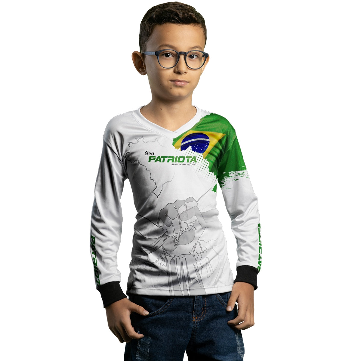 Camisa Agro Infantil Brk Básica Patriota Bandeira do Brasil Branca com Proteção UV50+
