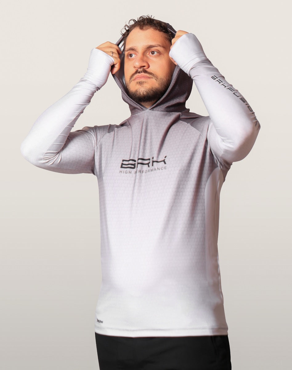 Camisa FusionX Brk Clean Branca e Cinza com Capuz e Proteção UV50+