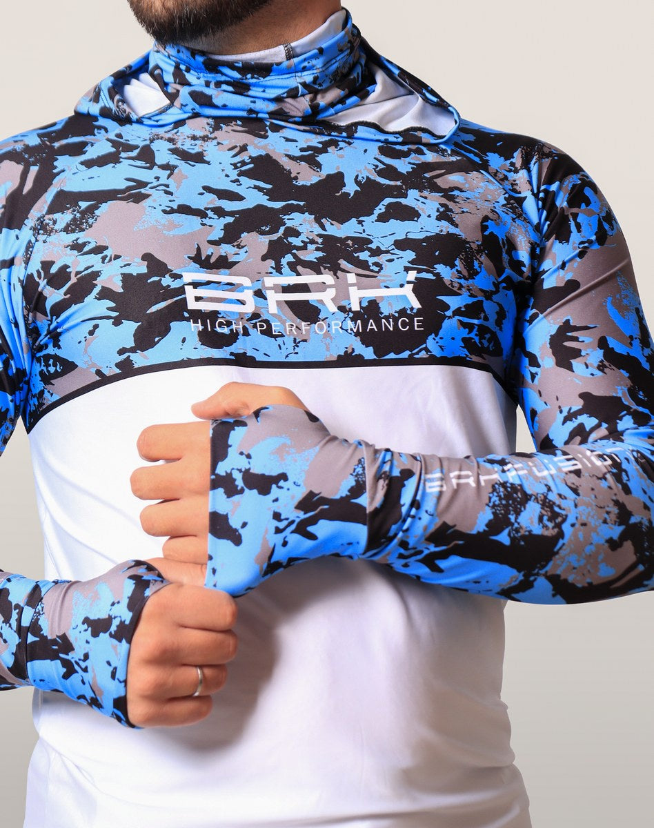 Camisa FusionX Brk Marine Camuflada Azul Branco com Capuz e Proteção UV50+