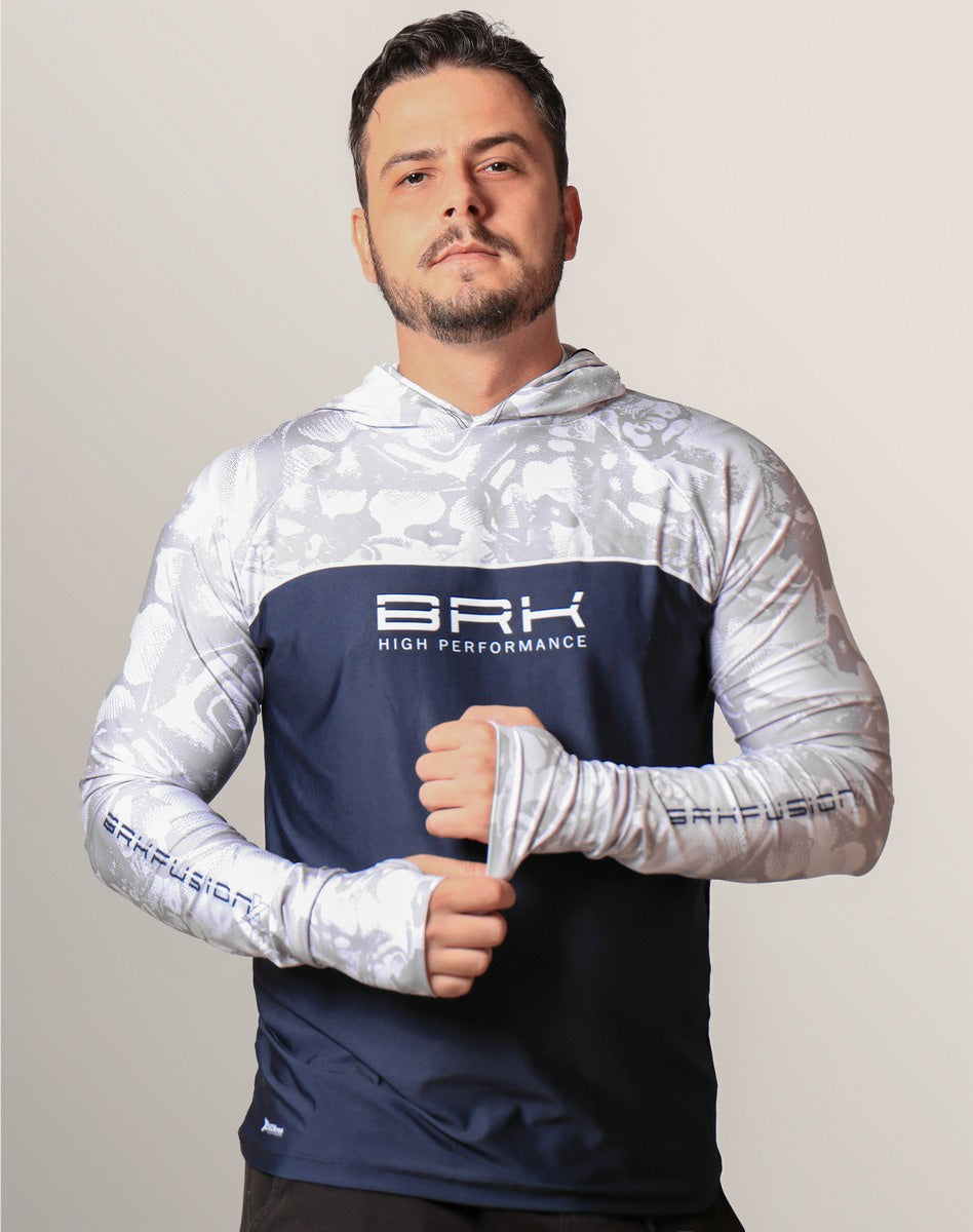 Camisa FusionX Brk Deep Camuflada Branco Azul com Capuz e Proteção UV50+