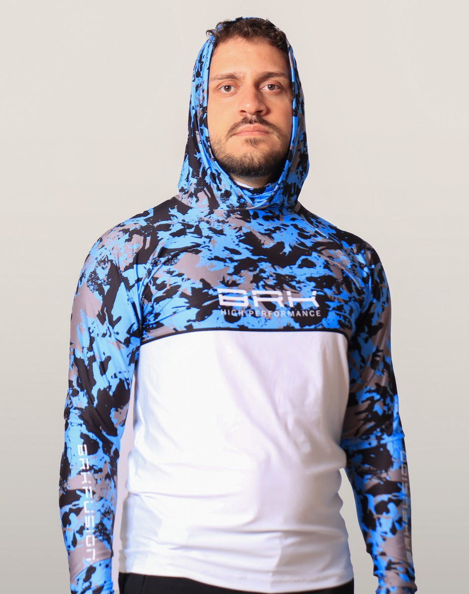 Camisa FusionX Brk Marine Camuflada Azul Branco com Capuz e Proteção UV50+