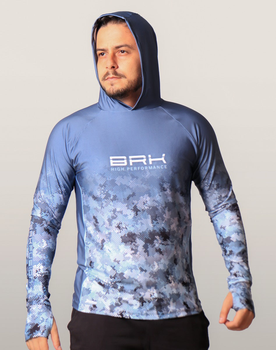 Camisa FusionX Brk Deep Camuflada Azul com Capuz e Proteção UV50+