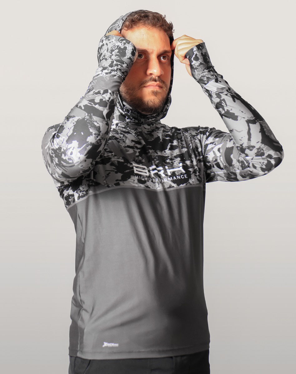 Camisa FusionX Brk Marine Camu Chumbo com Capuz e Proteção UV50+