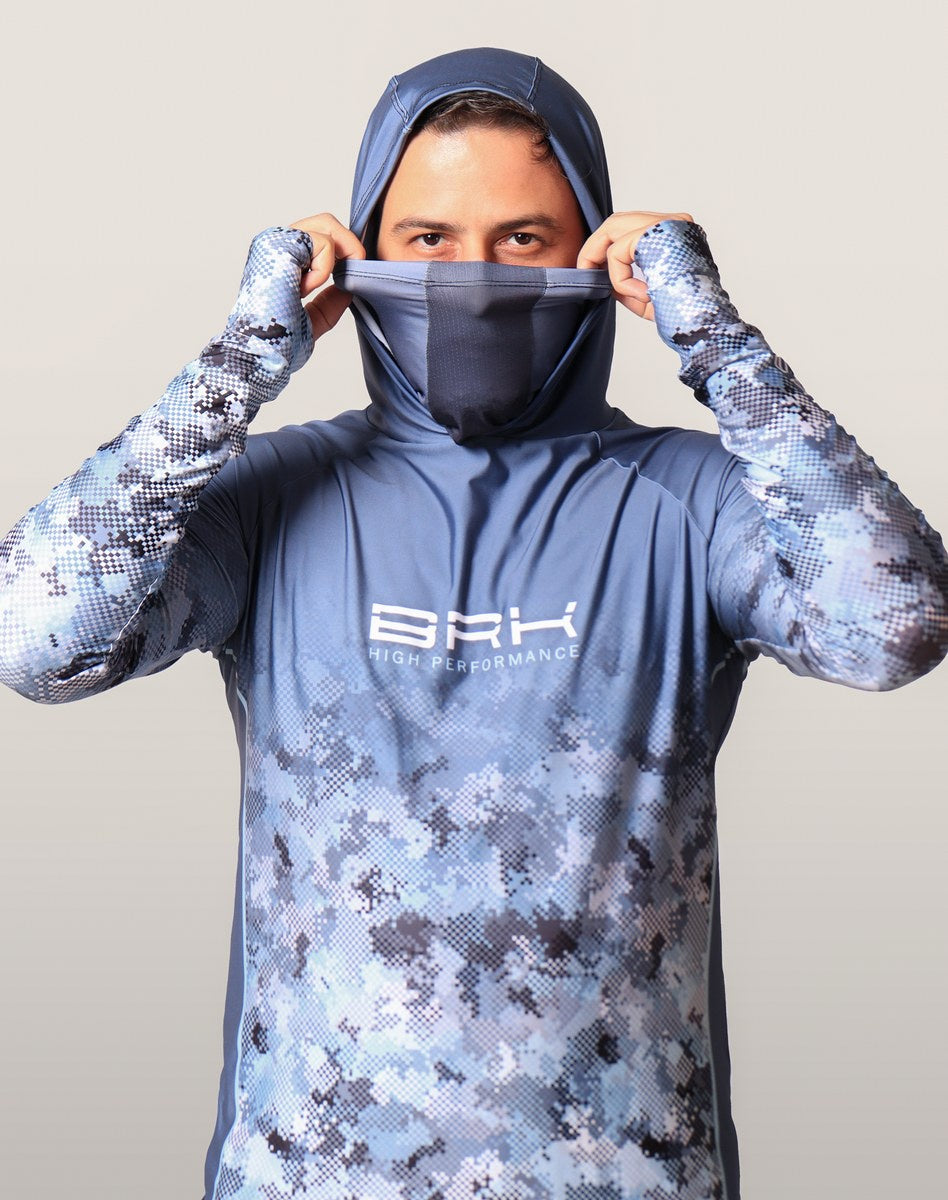 Camisa FusionX Brk Deep Camuflada Azul com Capuz e Proteção UV50+
