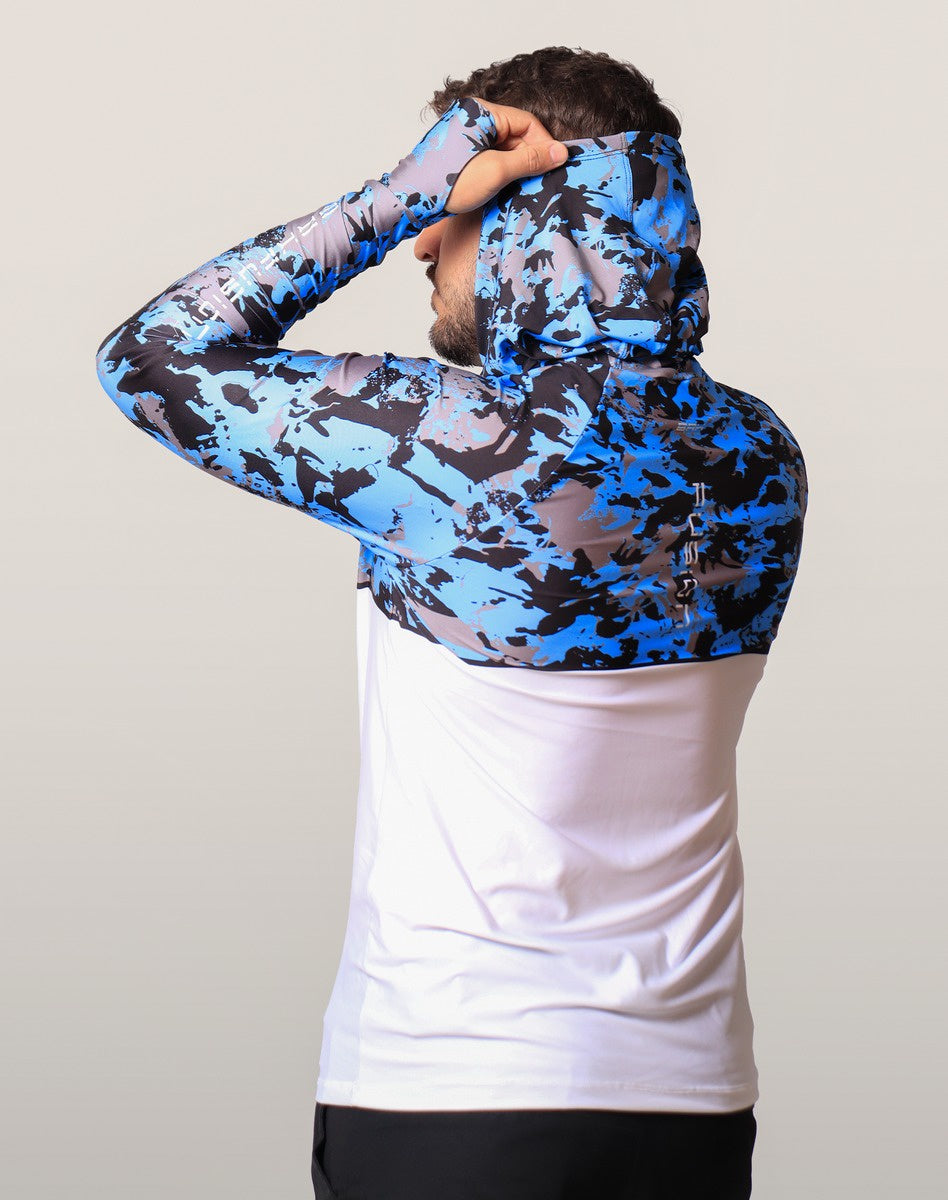 Camisa FusionX Brk Marine Camuflada Azul Branco com Capuz e Proteção UV50+