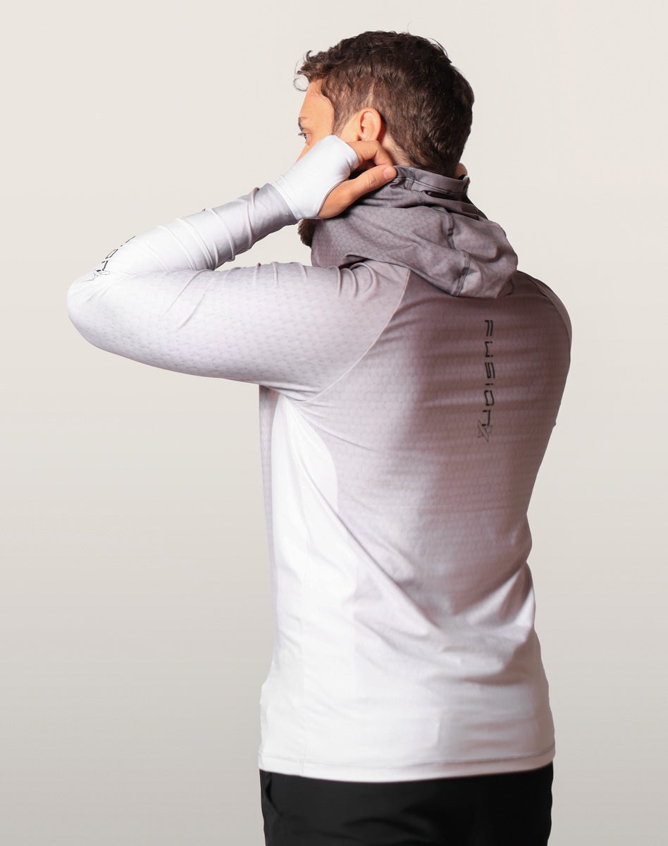 Camisa FusionX Brk Clean Branca e Cinza com Capuz e Proteção UV50+