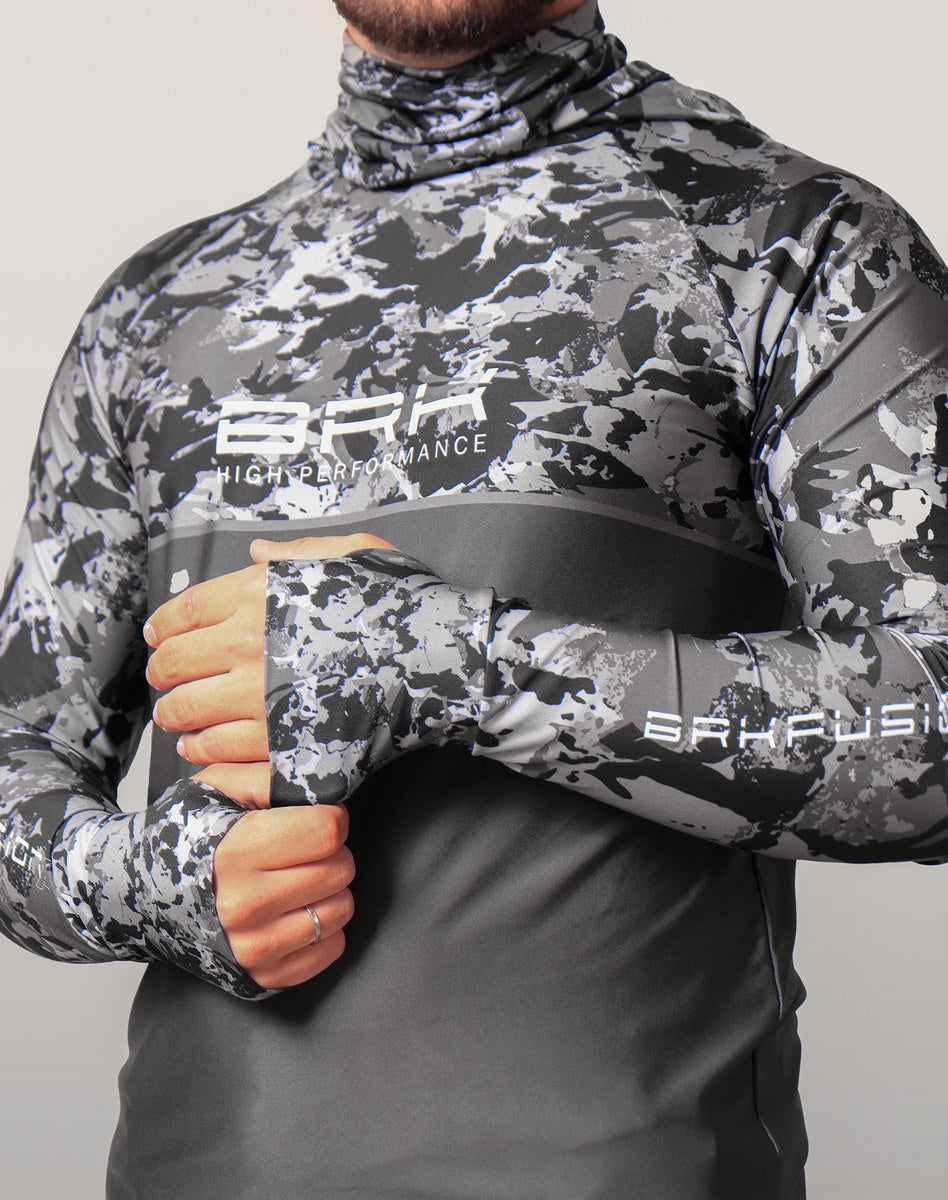 Camisa FusionX Brk Marine Camu Chumbo com Capuz e Proteção UV50+