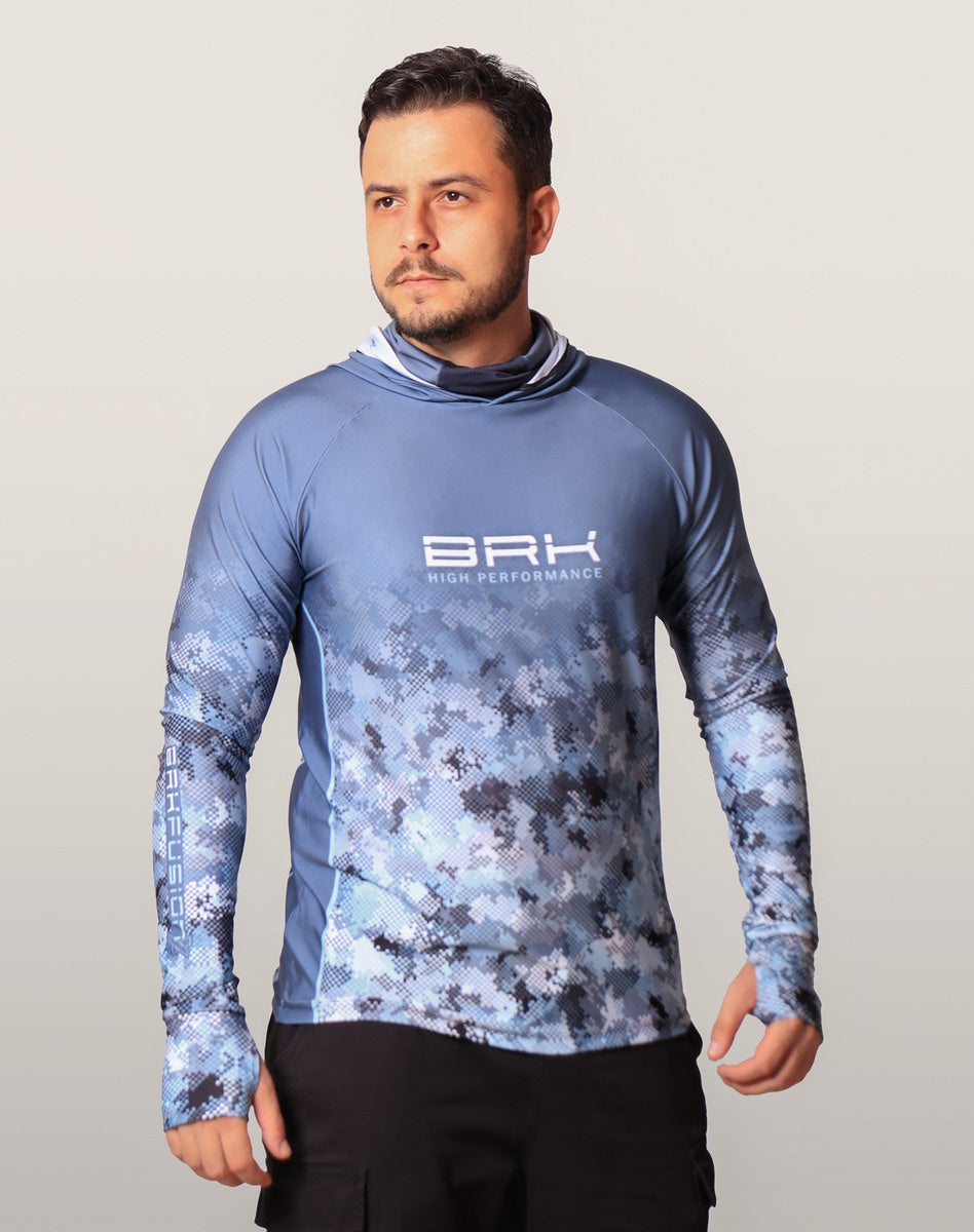Camisa FusionX Brk Deep Camuflada Azul com Capuz e Proteção UV50+