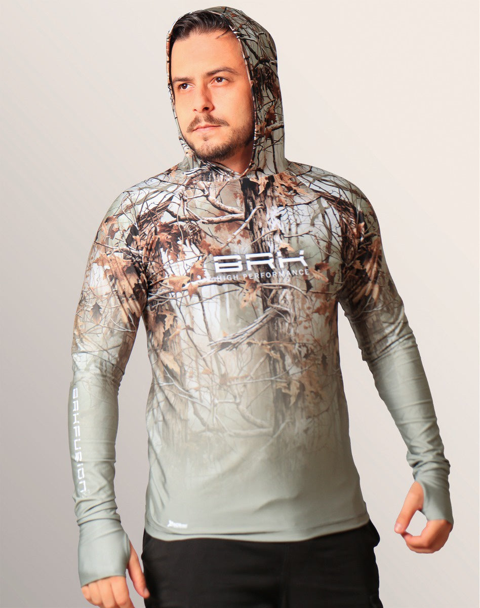 Camisa FusionX Brk Hunter Real Tree Camuflado com Capuz e Proteção UV50+