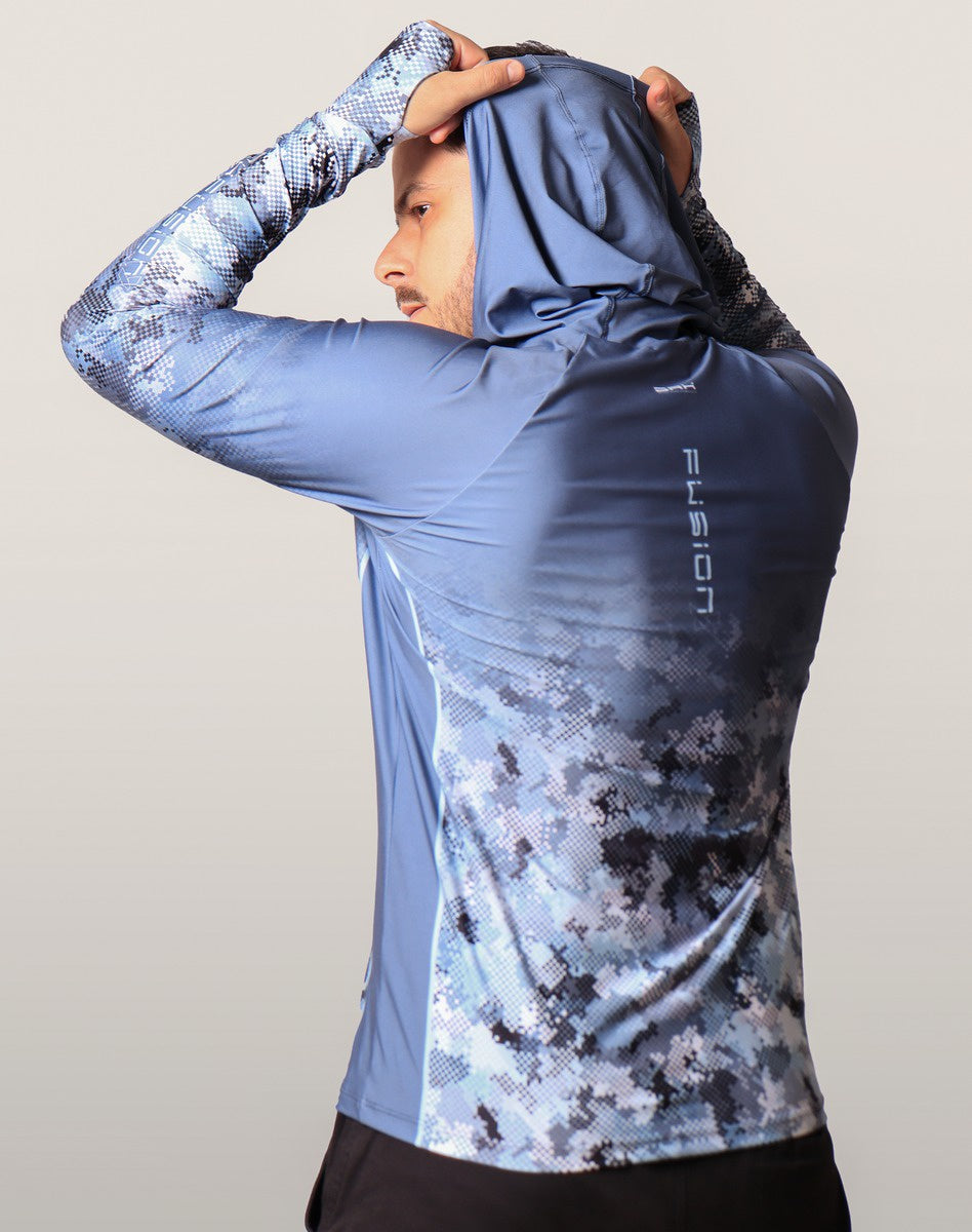 Camisa FusionX Brk Deep Camuflada Azul com Capuz e Proteção UV50+