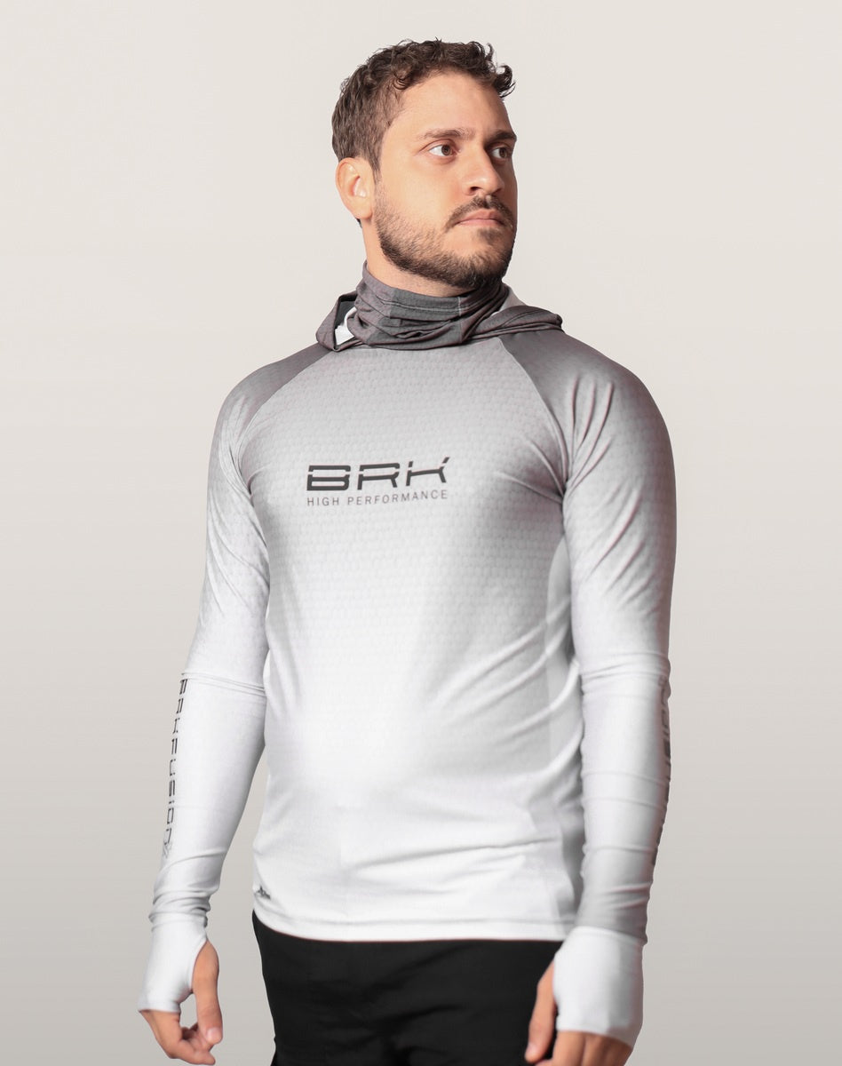 Camisa FusionX Brk Clean Branca e Cinza com Capuz e Proteção UV50+
