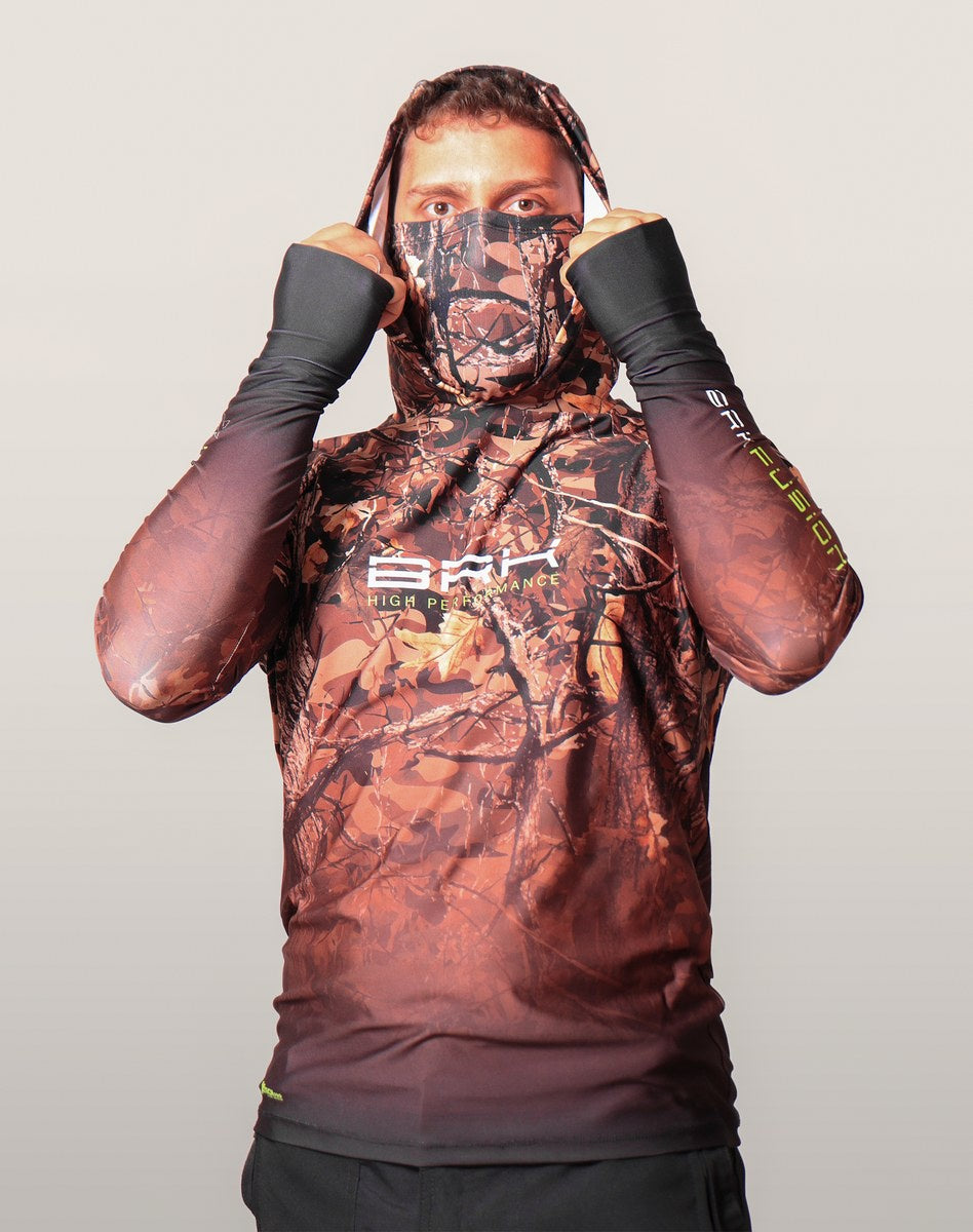 Camisa FusionX Brk Hunter Camuflada Galhos Marrom com Capuz e Proteção UV50+