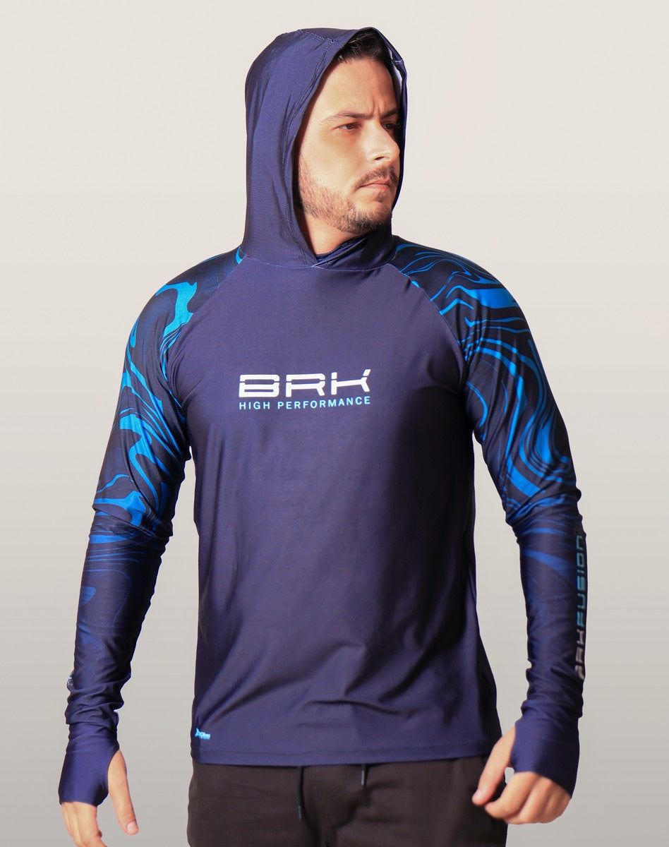 Camisa FusionX Brk Camo Distorções Azul com Capuz e Proteção UV50+