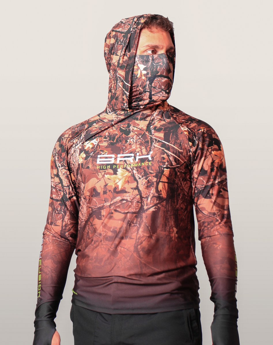 Camisa FusionX Brk Hunter Camuflada Galhos Marrom com Capuz e Proteção UV50+
