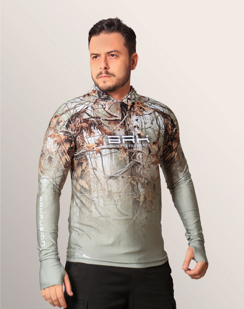 Camisa FusionX Brk Hunter Real Tree Camuflado com Capuz e Proteção UV50+