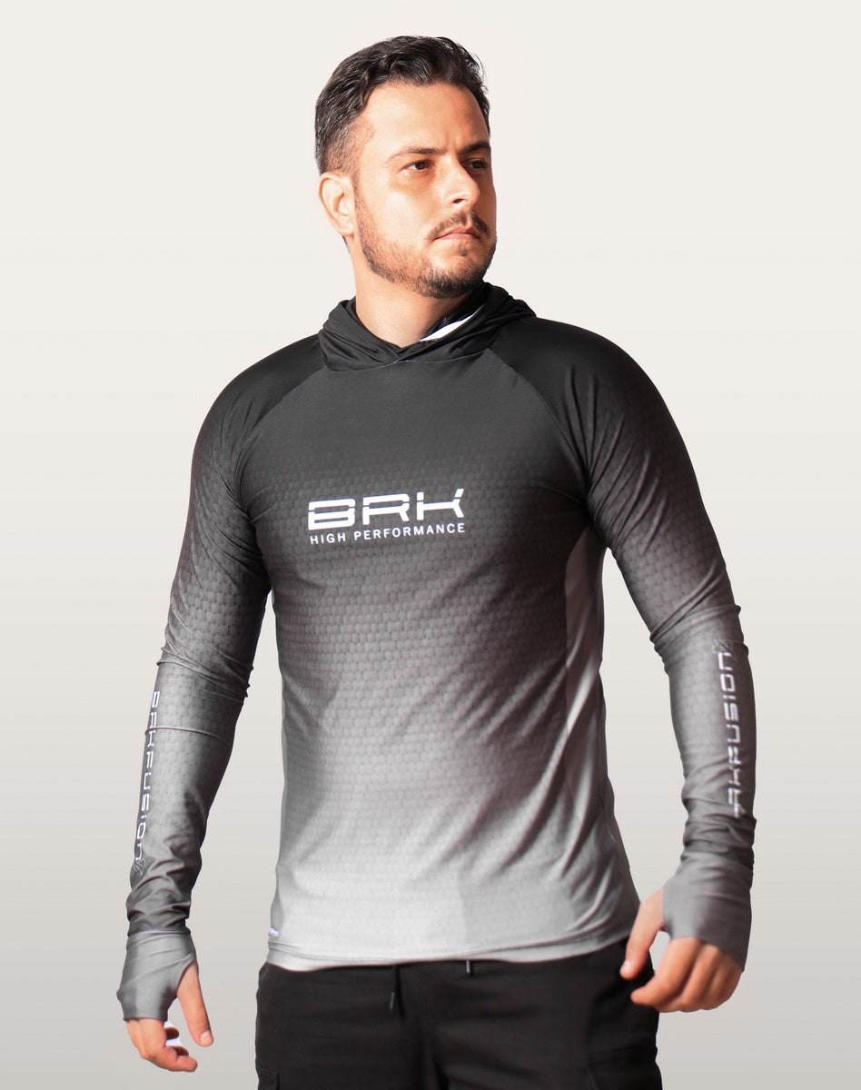 Camisa FusionX Brk Clean Preto Lisa com Capuz e Proteção UV50+