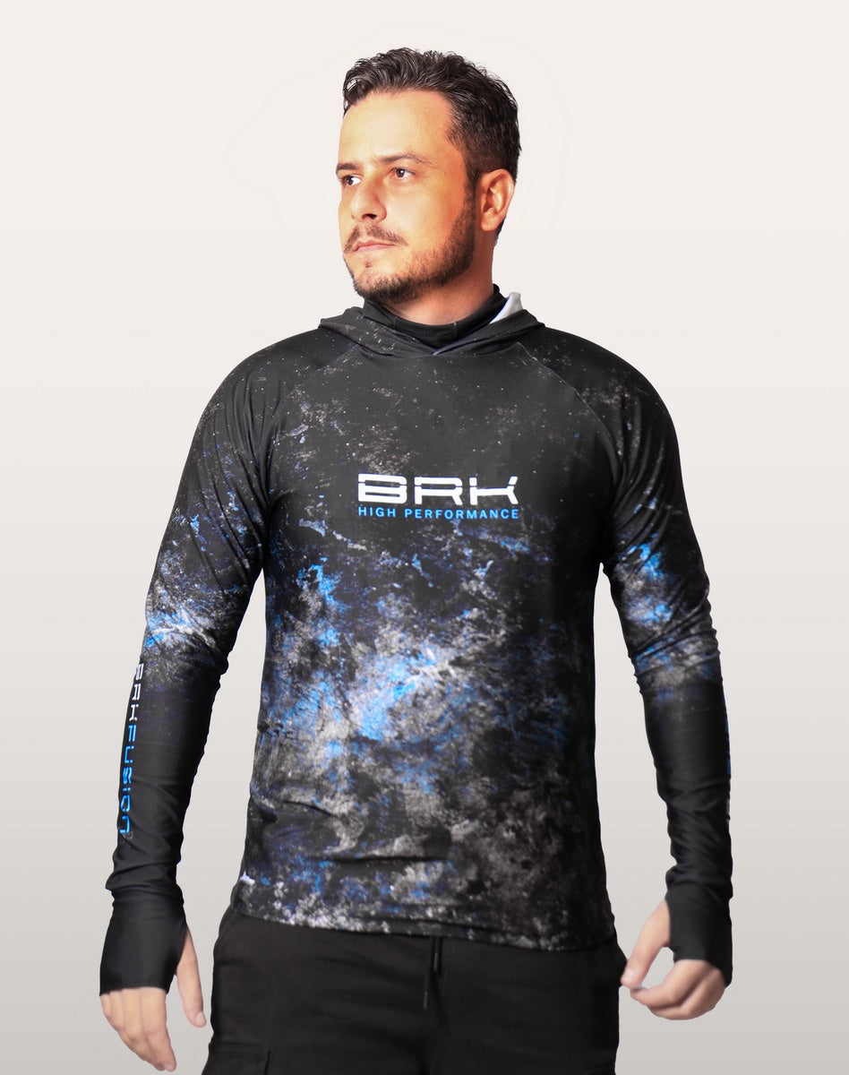 Camisa FusionX Brk Galaxy Preta e Azul com Capuz e Proteção UV50+